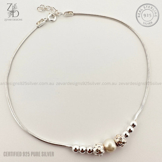 Zevar Designs 925 Silver women-anklets Sterling Silver Anklet - Pearl (Single Anklet)