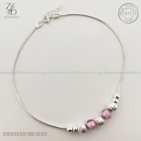 Zevar Designs 925 Silver women-anklets Sterling Silver Anklet - Pink Bead (Single)