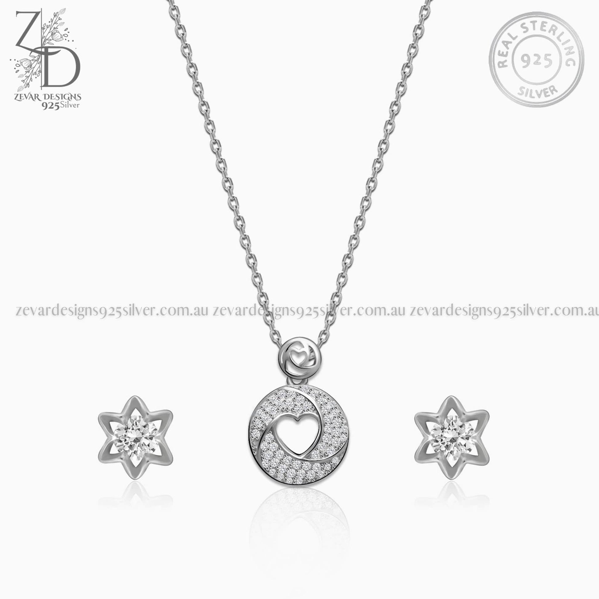 Zevar Designs 925 Silver Necklaces-Pendants 925 Silver Zircon Heart Pendant Set With Earrings