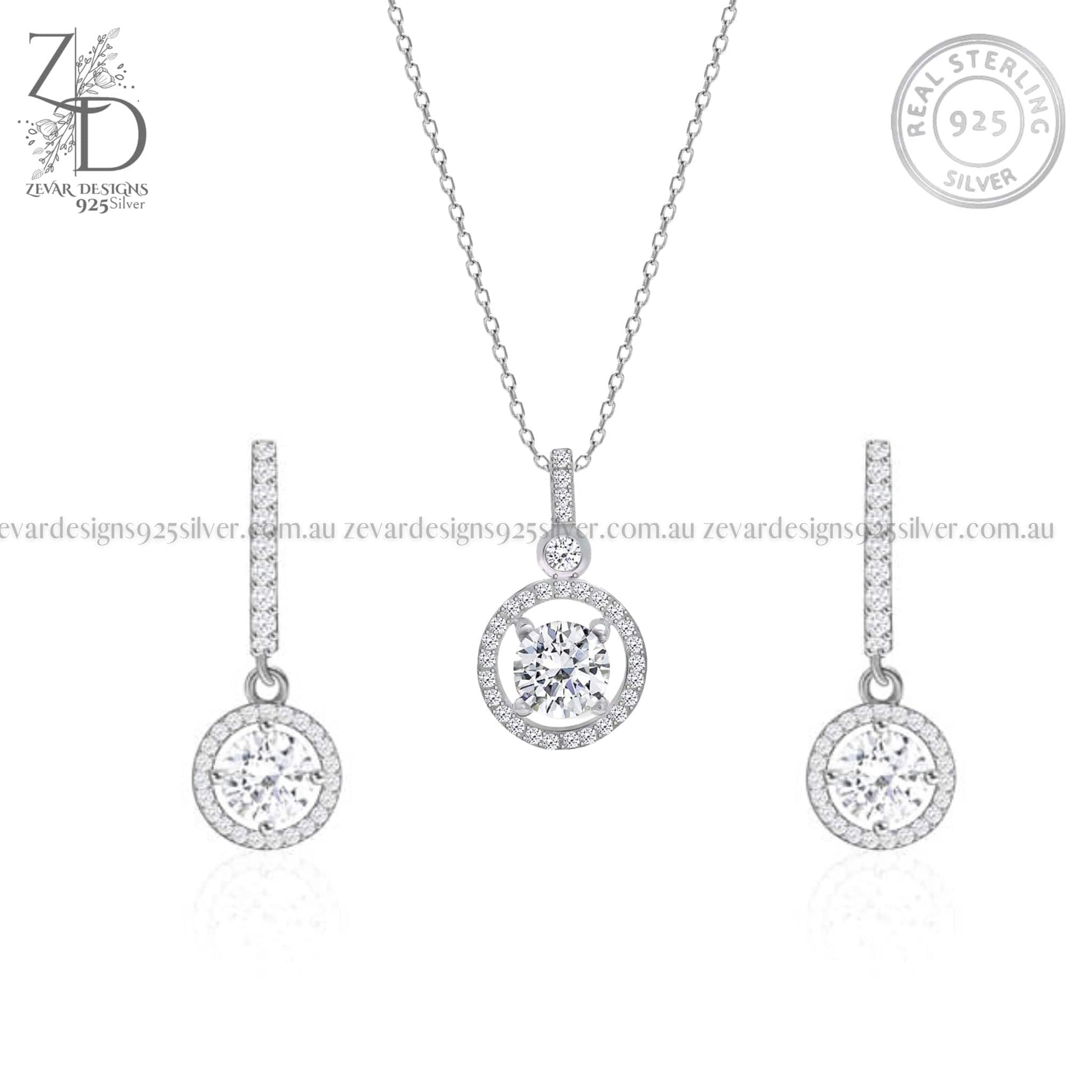 Zevar Designs 925 Silver Necklaces-Pendants 925 Silver Zircon Pendant Set With Hoop Style Earrings