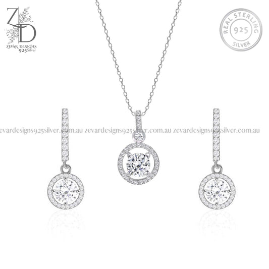 Zevar Designs 925 Silver Necklaces-Pendants 925 Silver Zircon Pendant Set With Hoop Style Earrings