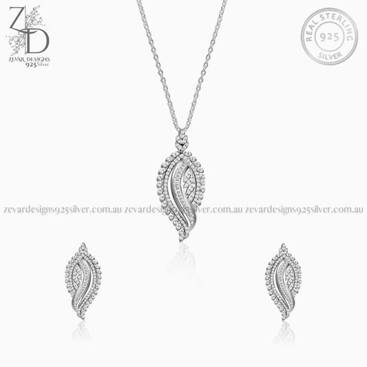 Zevar Designs 925 Silver Necklaces-Pendants 925 Silver Zircon Petal Pendant Set with Earrings