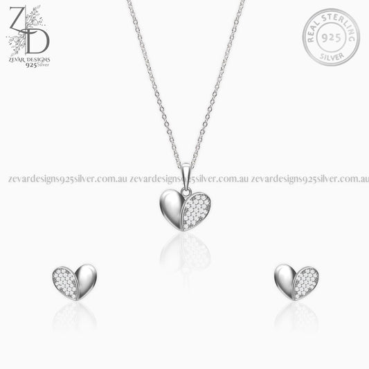 Zevar Designs 925 Silver Necklaces-Pendants AD Heart Pendant Set With Earrings