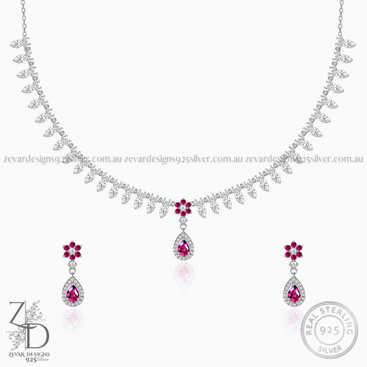 Zevar Designs 925 Silver Necklaces-Pendants AD Necklace Set With Earrings in Ruby