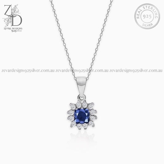 Zevar Designs 925 Silver Necklaces-Pendants Sapphire Blue Pendant with Chain