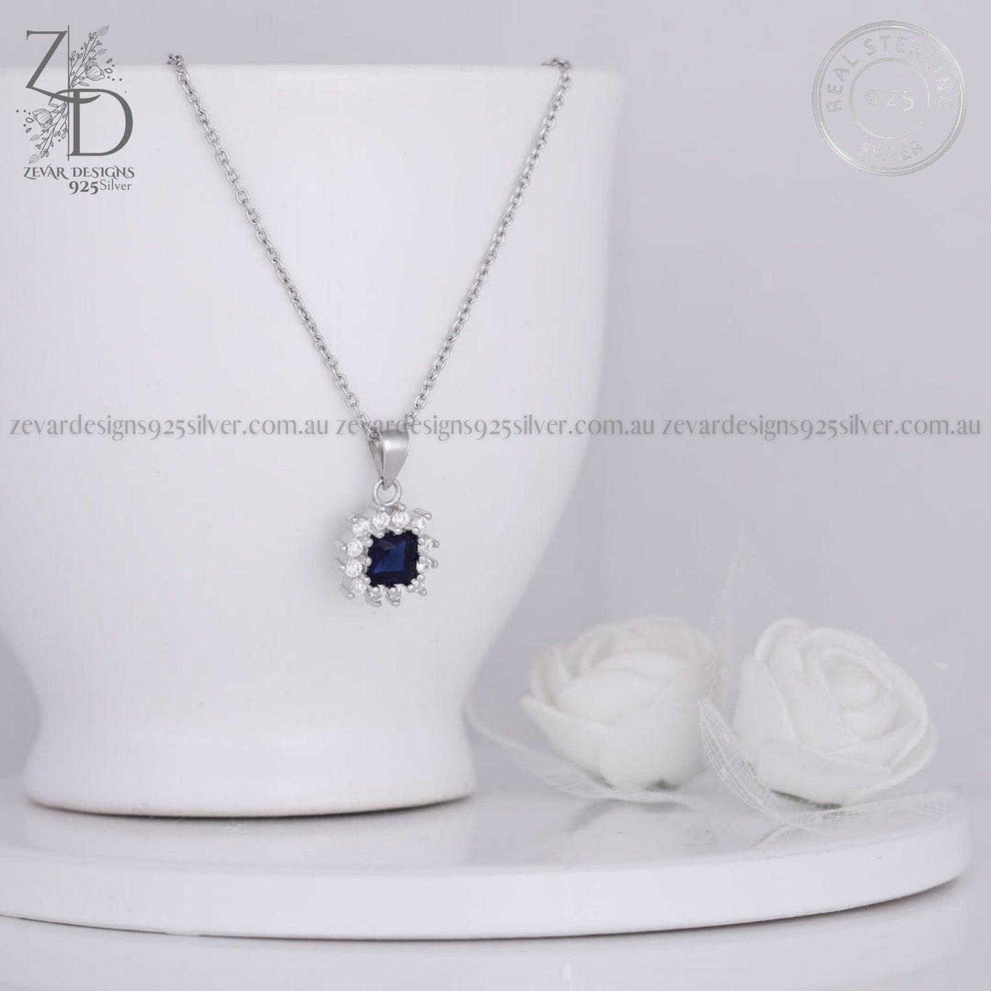 Zevar Designs 925 Silver Necklaces-Pendants Sapphire Blue Pendant with Chain