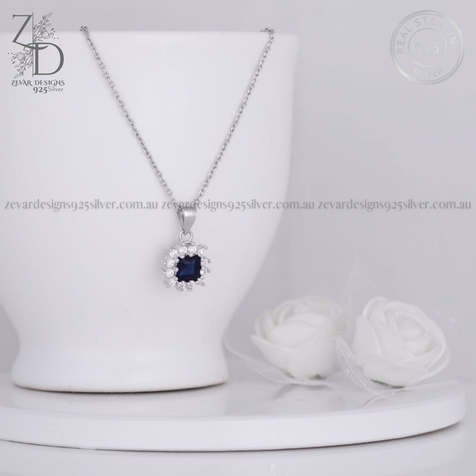 Zevar Designs 925 Silver Necklaces-Pendants Sapphire Blue Pendant with Chain