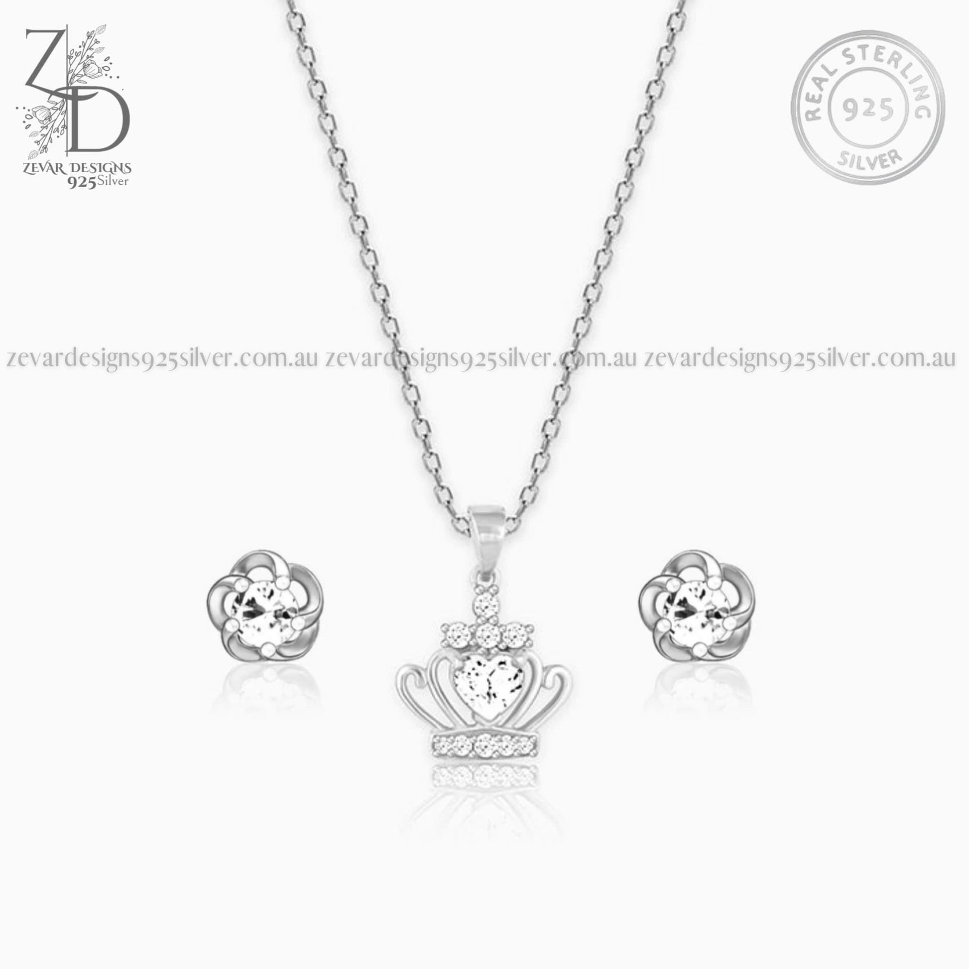 Zevar Designs 925 Silver Necklaces-Pendants Silver Zircon Crown Pendant with Stud Earrings