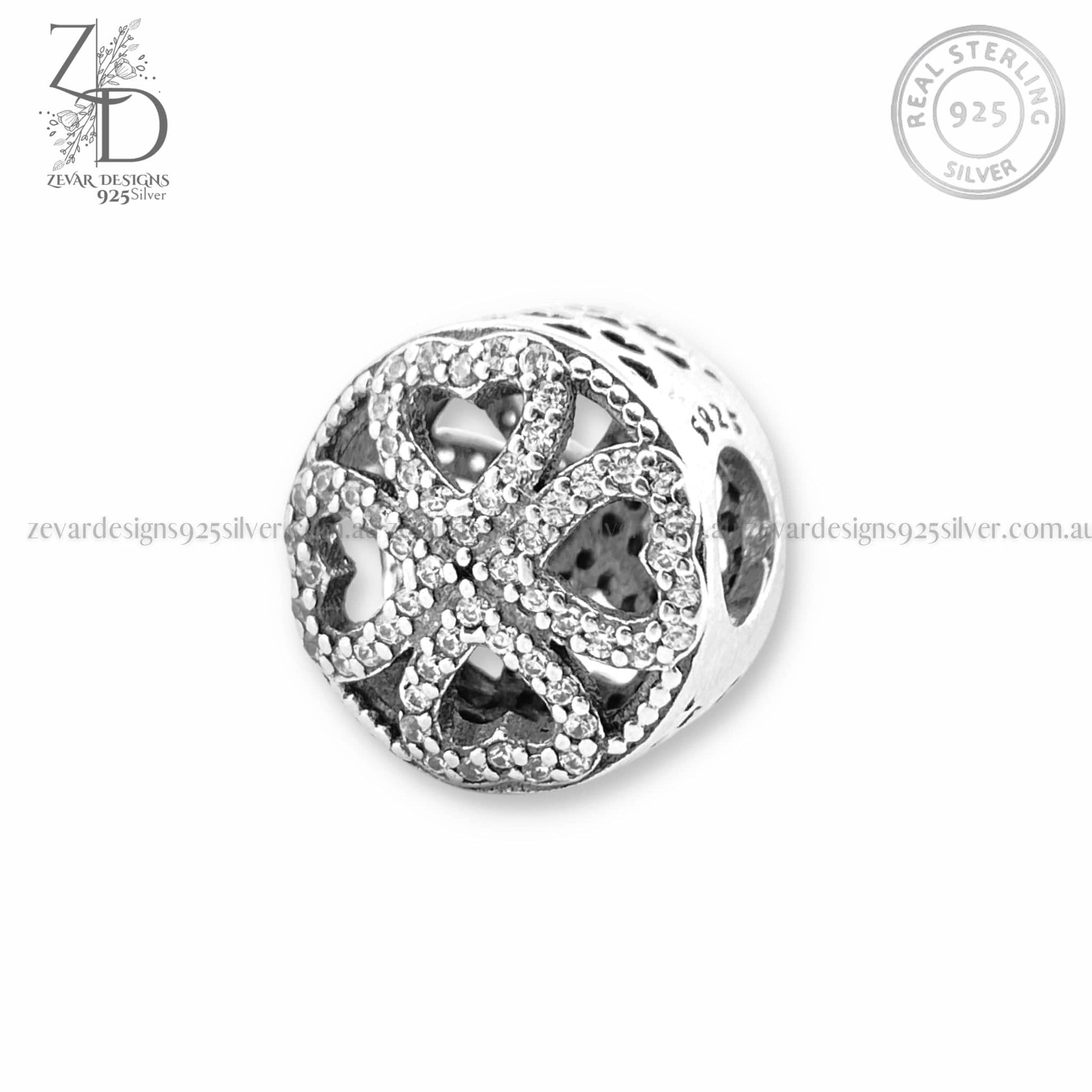 Zevar Designs 925 Silver pandora 925 Silver Zircon Clover Heart Charm