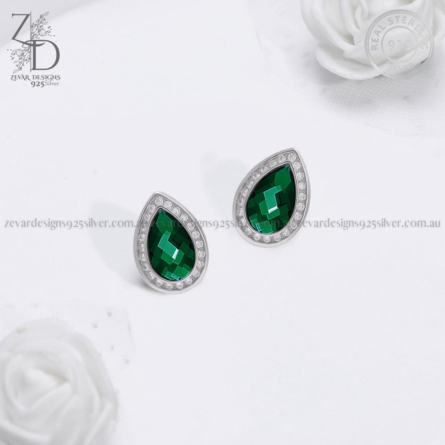 Zevar Designs 925 Silver women-earrings Emerald Studs