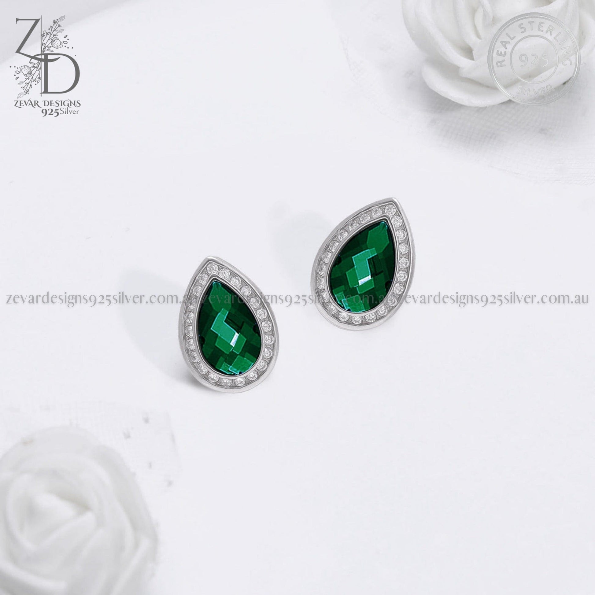 Zevar Designs 925 Silver women-earrings Emerald Studs