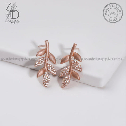 Zevar Designs 925 Silver women-earrings Silver Zircon Leaf Earrings in Rose Gold Finish