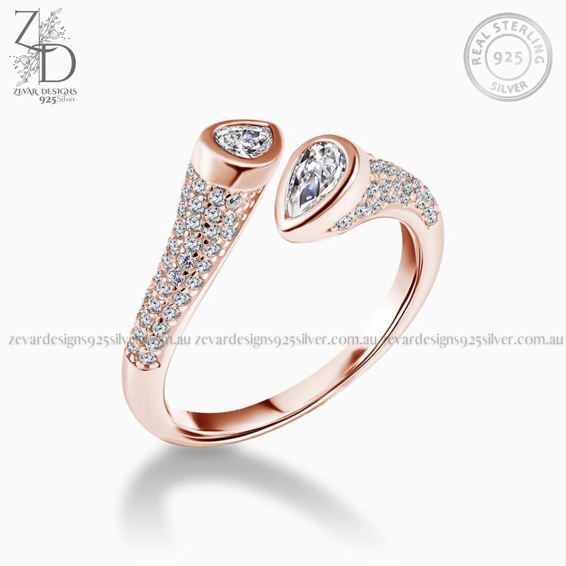 Zevar Designs 925 Silver women-rings AD Rose Gold Ring - Front Open